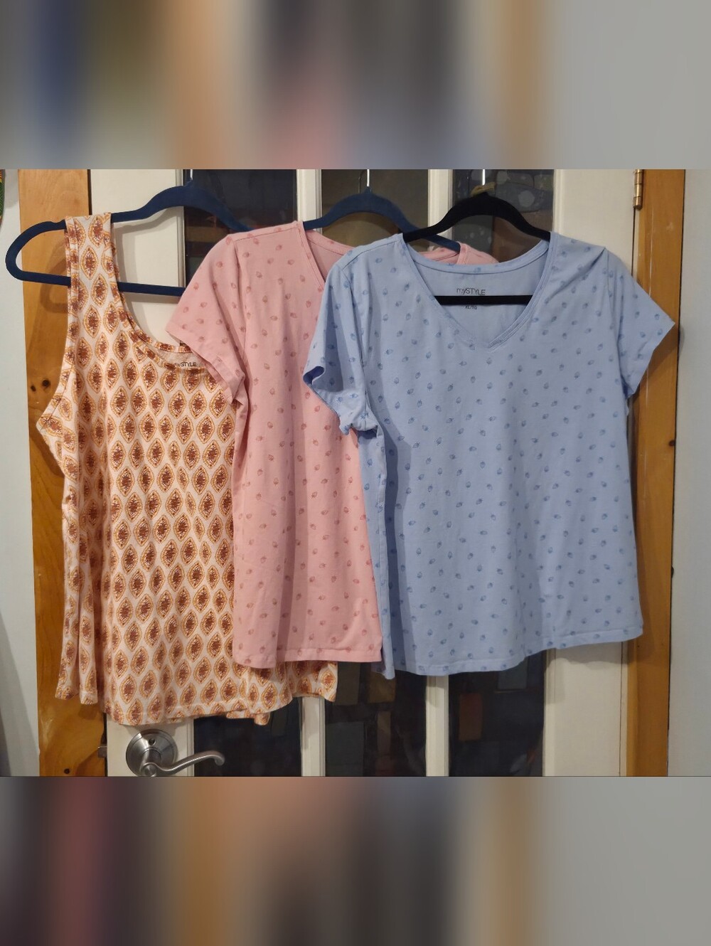V-Neck Tees in Light Blue and Light Pink, and An Orange Retro Patterened Tank